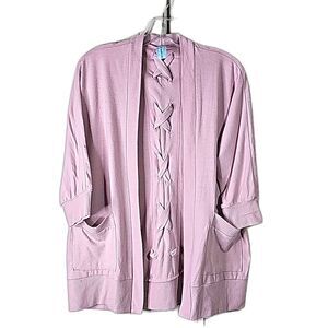 Cardigan Open Style Pink Braided Back 3/4 Sleeves Front Pockets Size Small